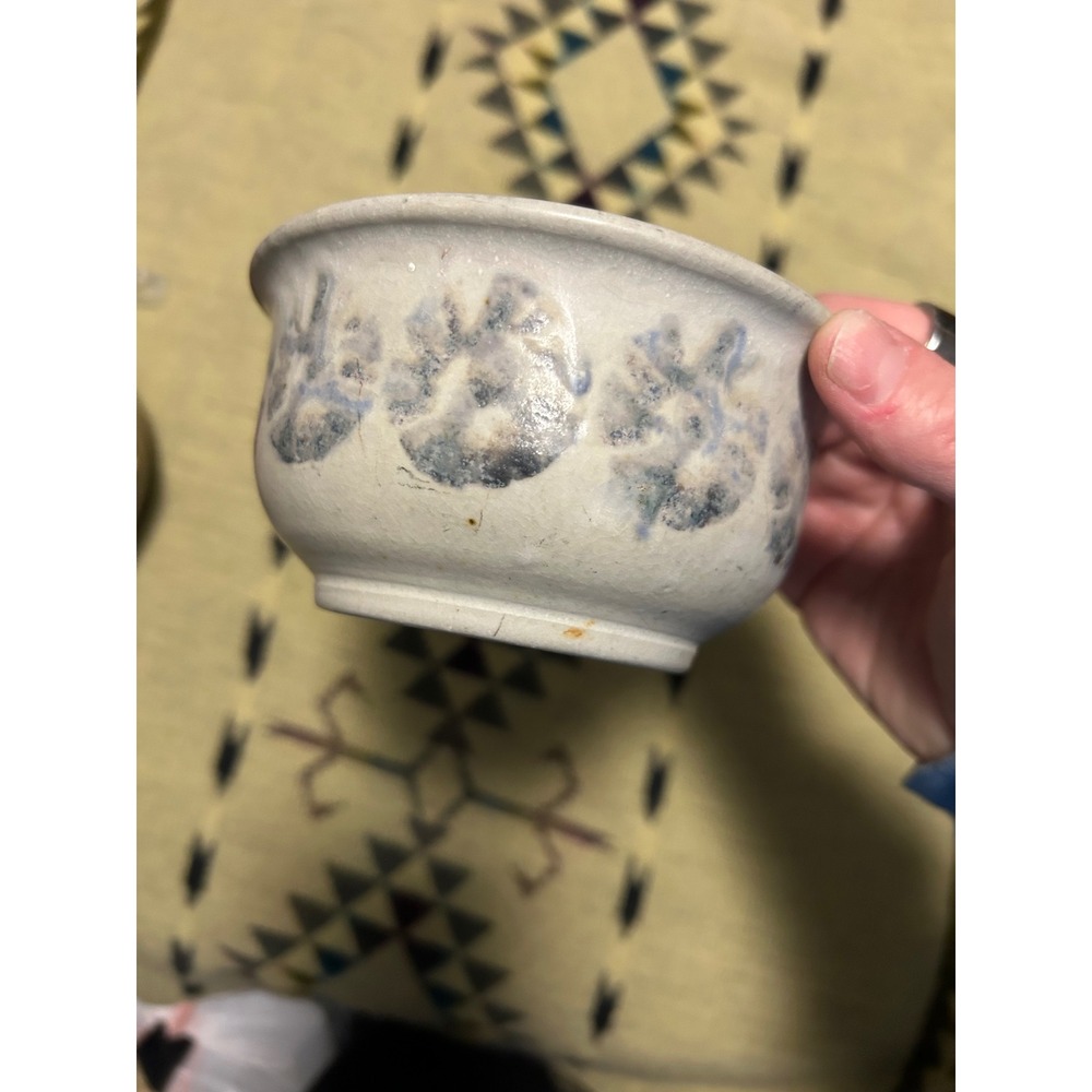 Vintage 1982 Signed Studio Pottery Salt Glaze Blue Floral Stoneware Bowl 4.75"